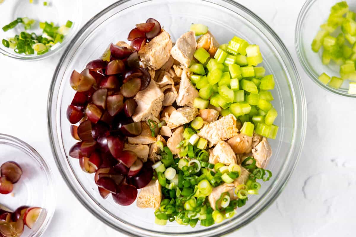 Bowl with ingredients for chicken salad. 