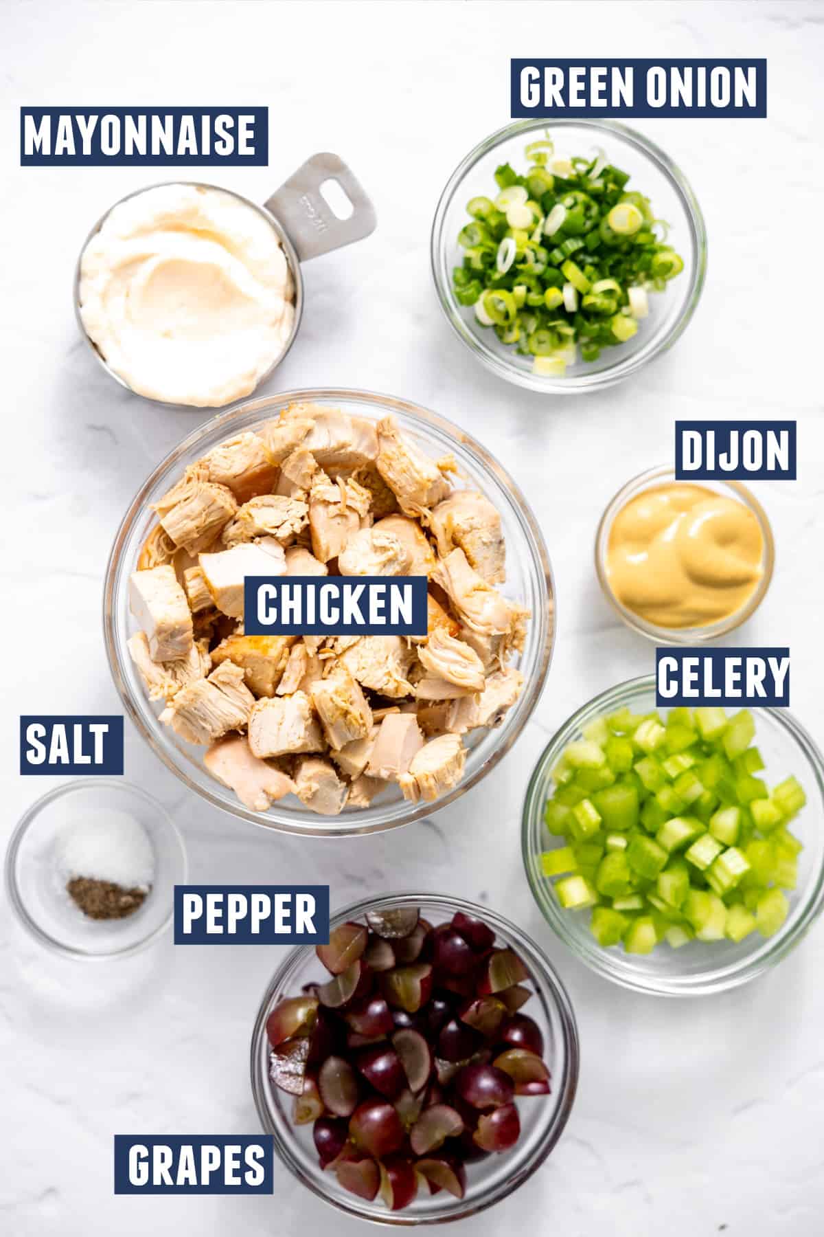 Ingredients needed to make chicken salad. 