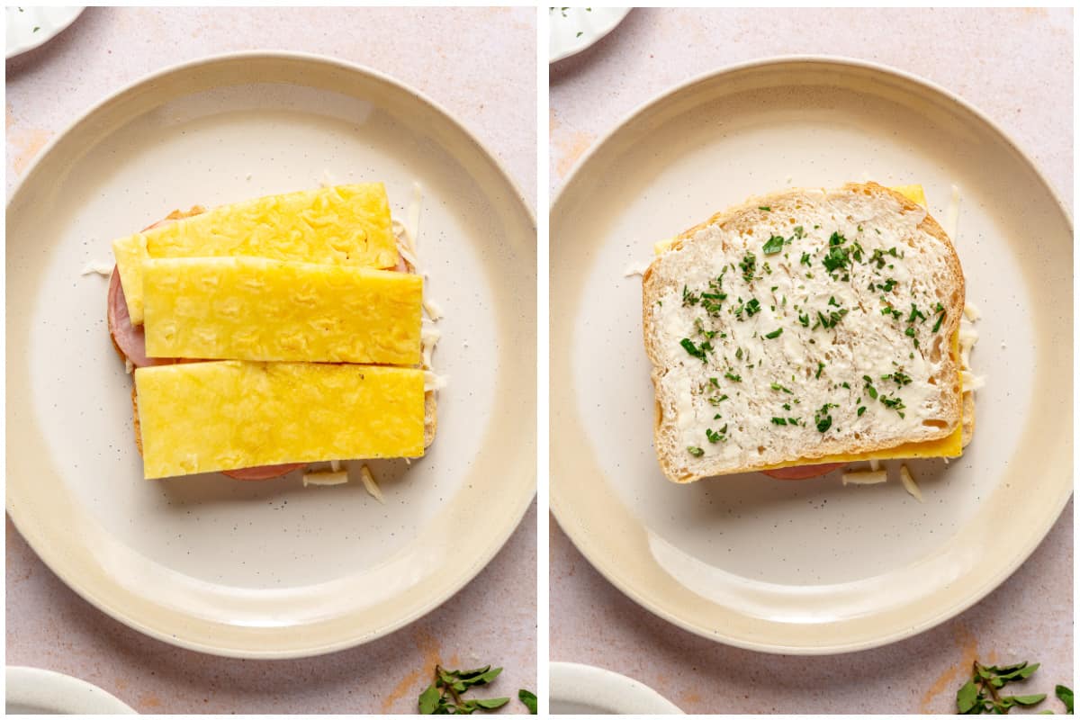 Pineapple added to a grilled cheese sandwich, then a slice of bread placed on top.