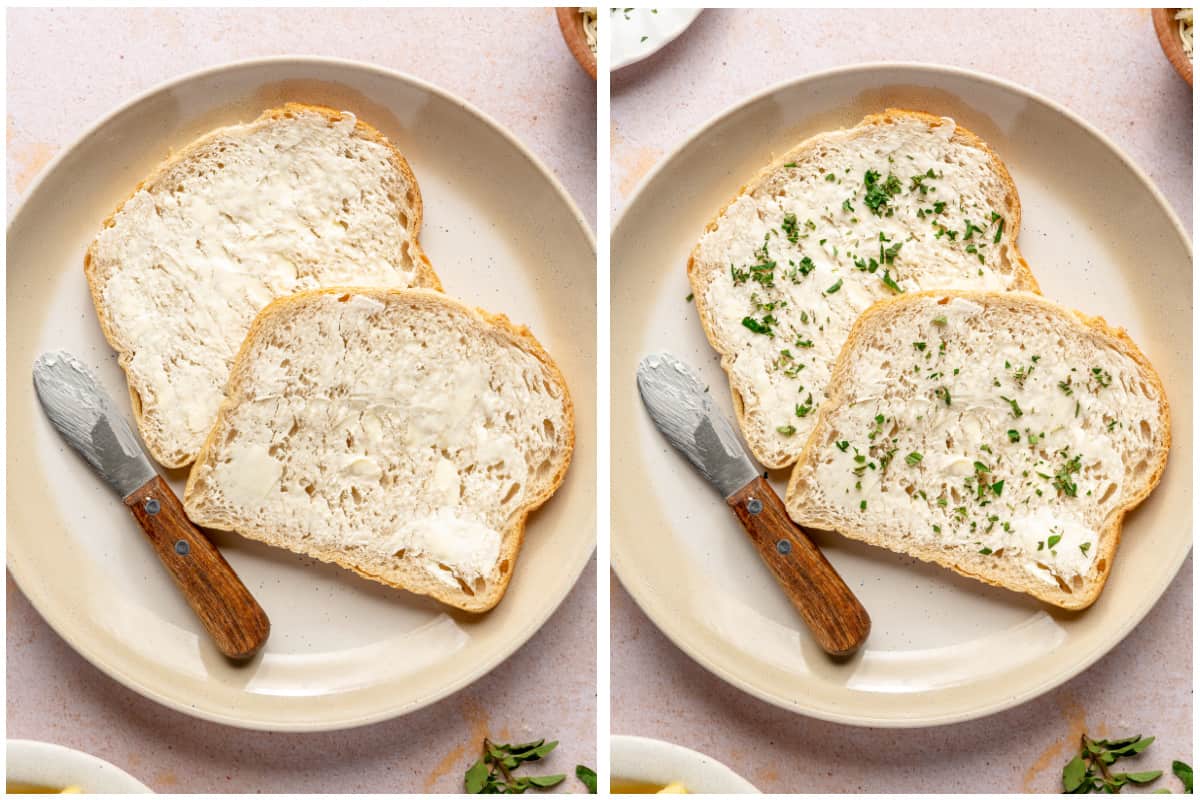 Bread spread with butter and then sprinkled with herbs.