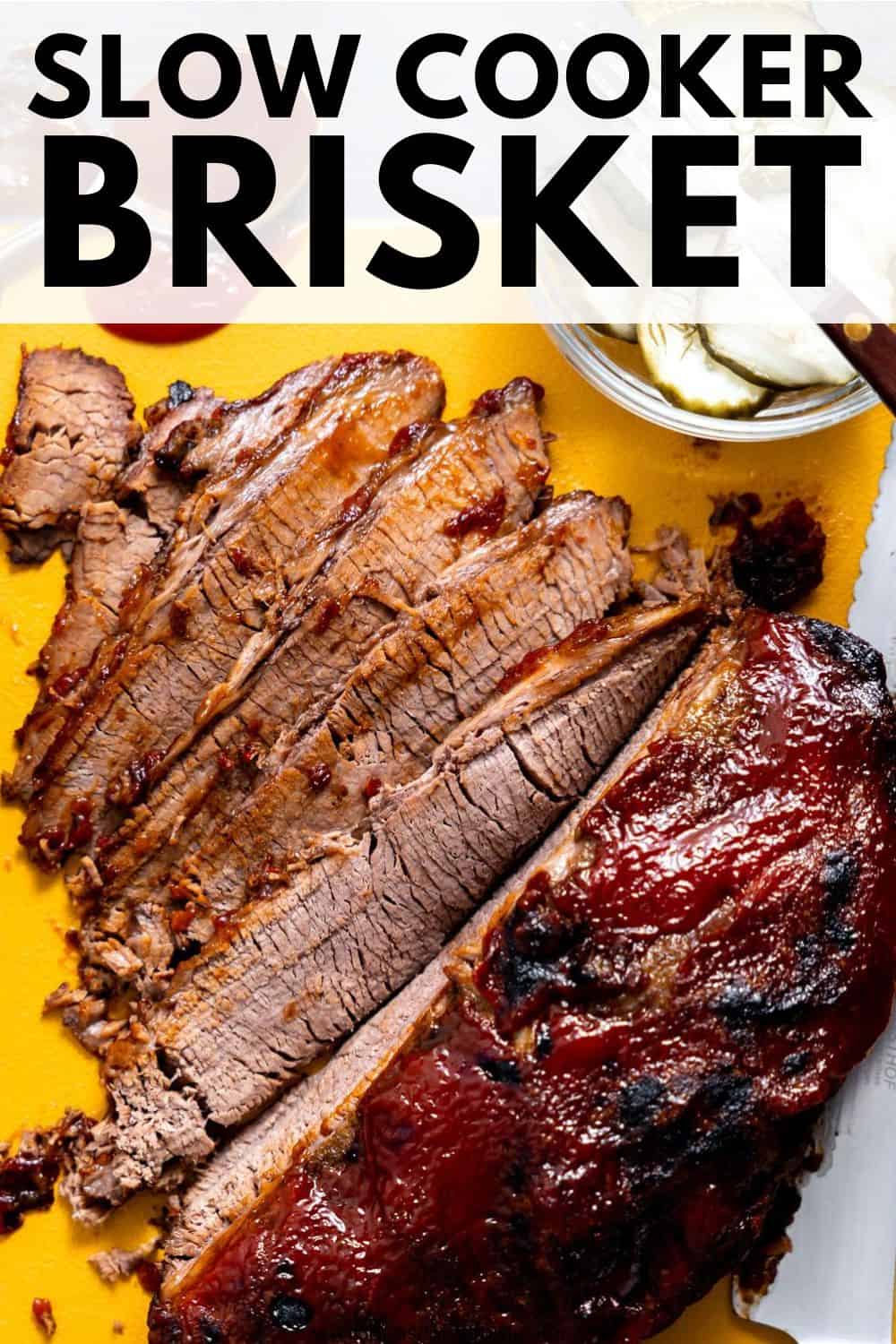 Slow cooker beef brisket with text.