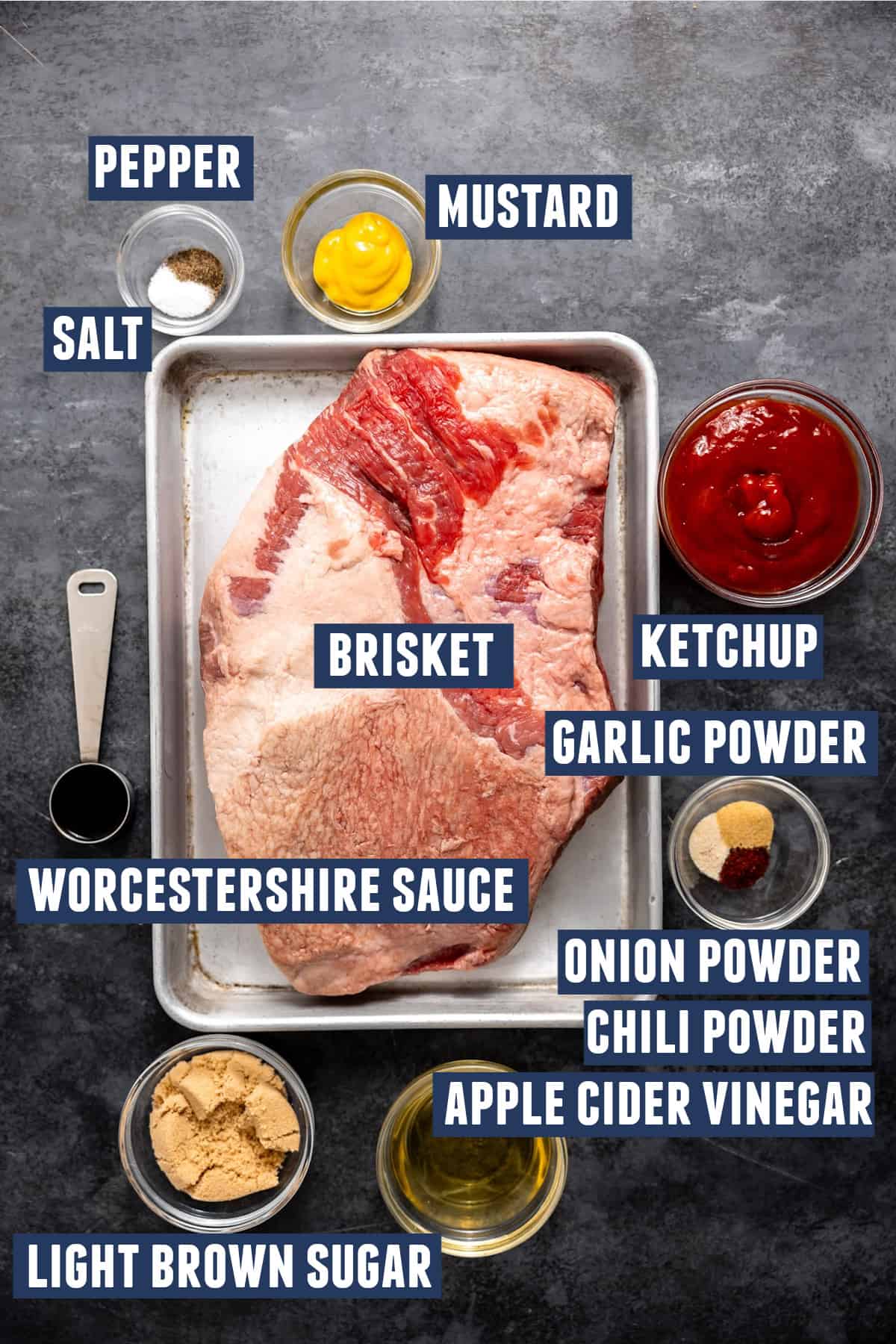 Ingredients needed to make beef brisket in the slow cooker.