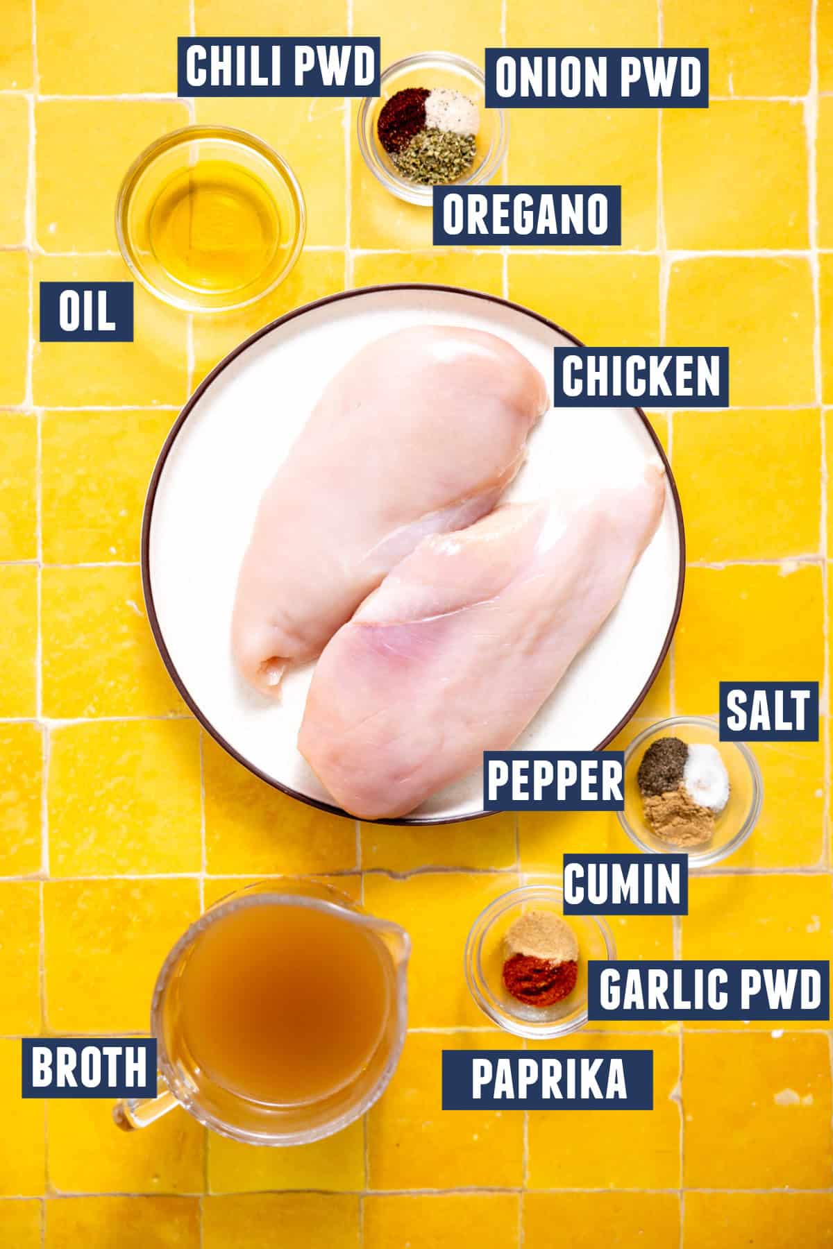 Ingredients needed to make chicken tacos.