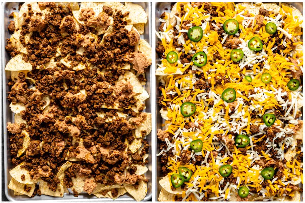 Sheet pan with tortilla chips topped with beans, ground beef, then cheese and jalapeños.