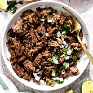 Bowl of barbacoa topped with cilantro and onion.