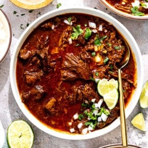 Bowl of birria served with diced onion and cilantro with a lime wedge.