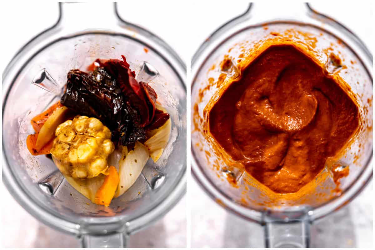 Blender with soaked chile peppers, onion, garlic, and carrots before and after blending.