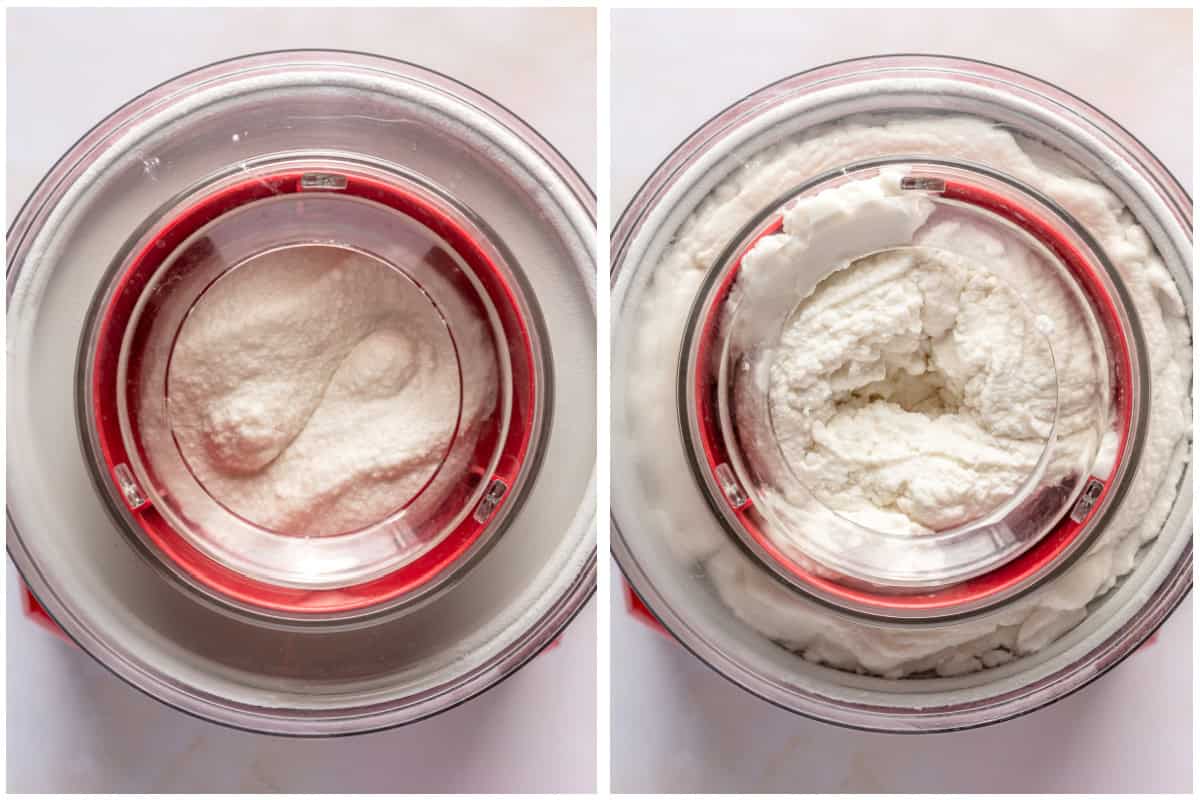 Ice cream maker with coconut sorbet before and after churning.