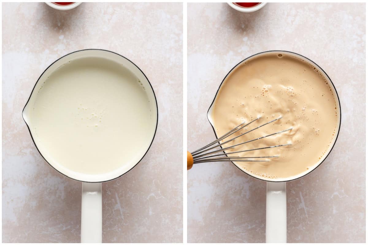 Saucepan with milk and cream then whisking in dulce de leche.