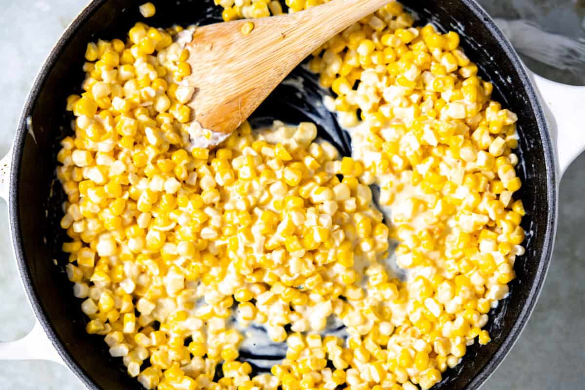 Cooking street corn in a skillet.