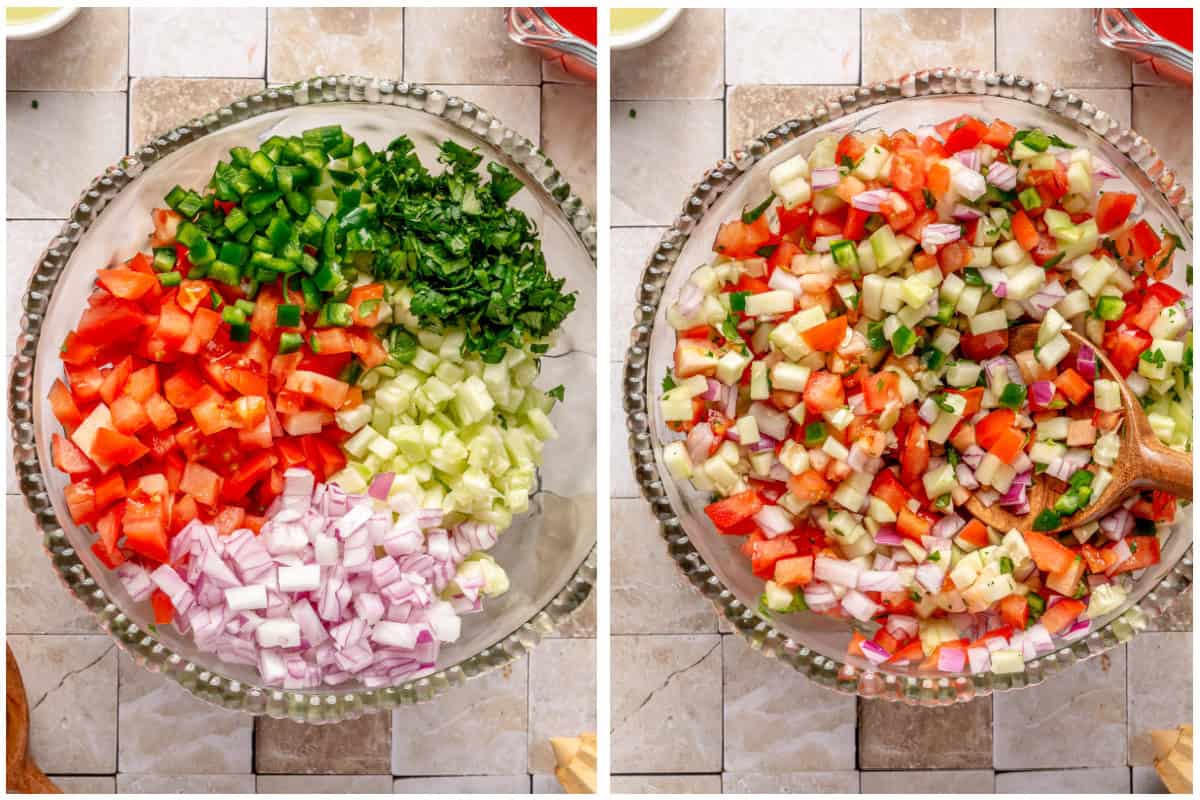 Diced tomato, cucumber, red onion, jalapeño, and cilantro in a bowl before and after stirring.