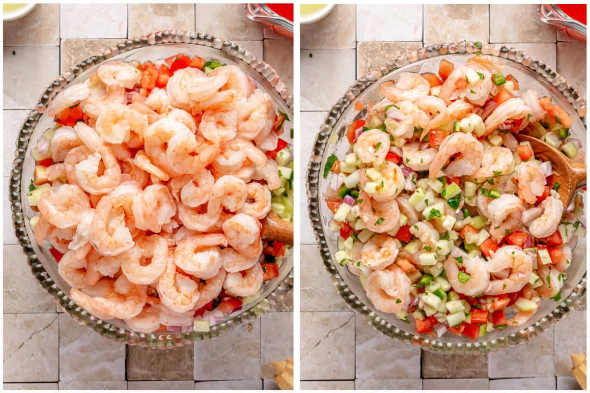 Cooked shrimp added to a large bowl of diced tomato, cucumbers, jalapeño, and cilantro. 