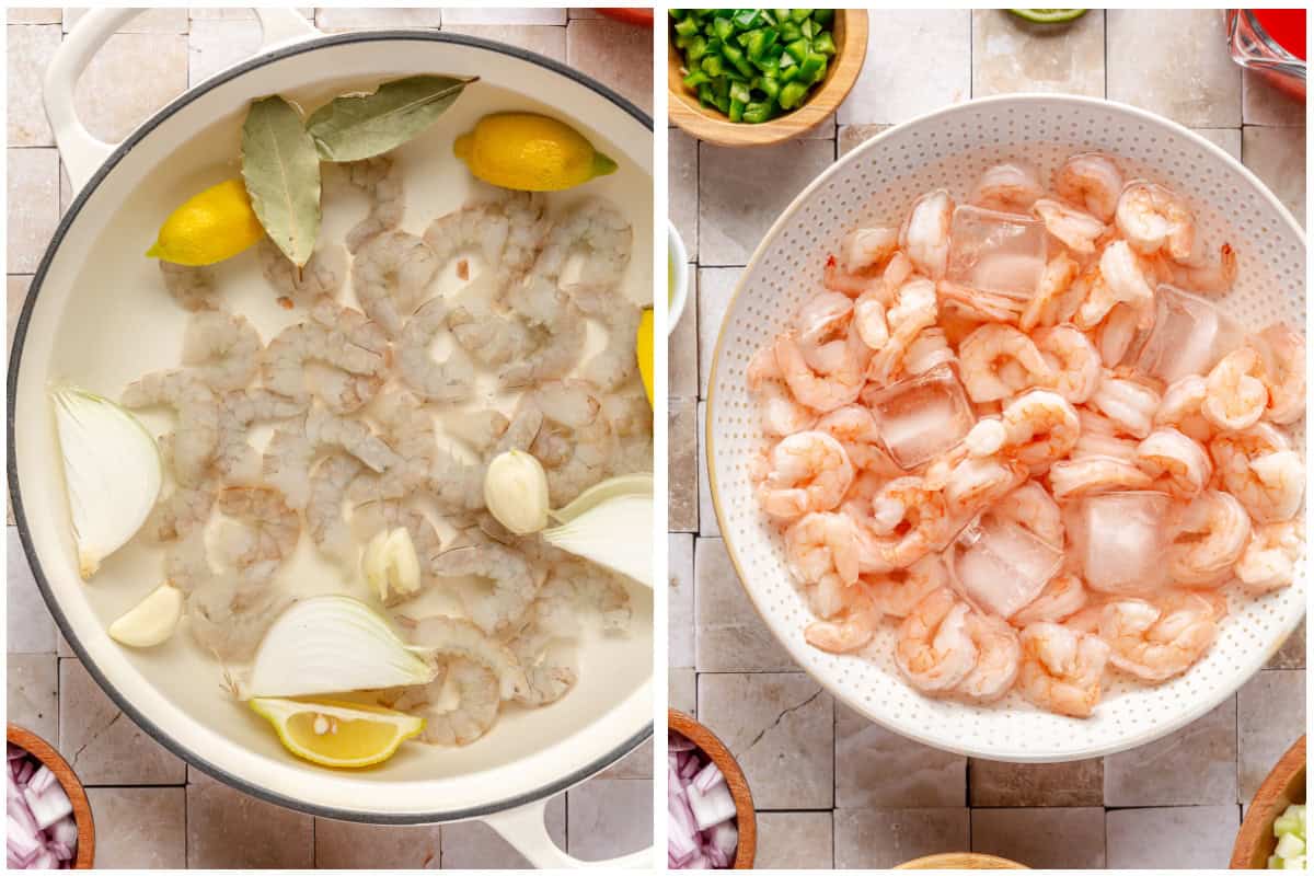 Cooking shrimp in a skillet then adding to a bowl to chill. 