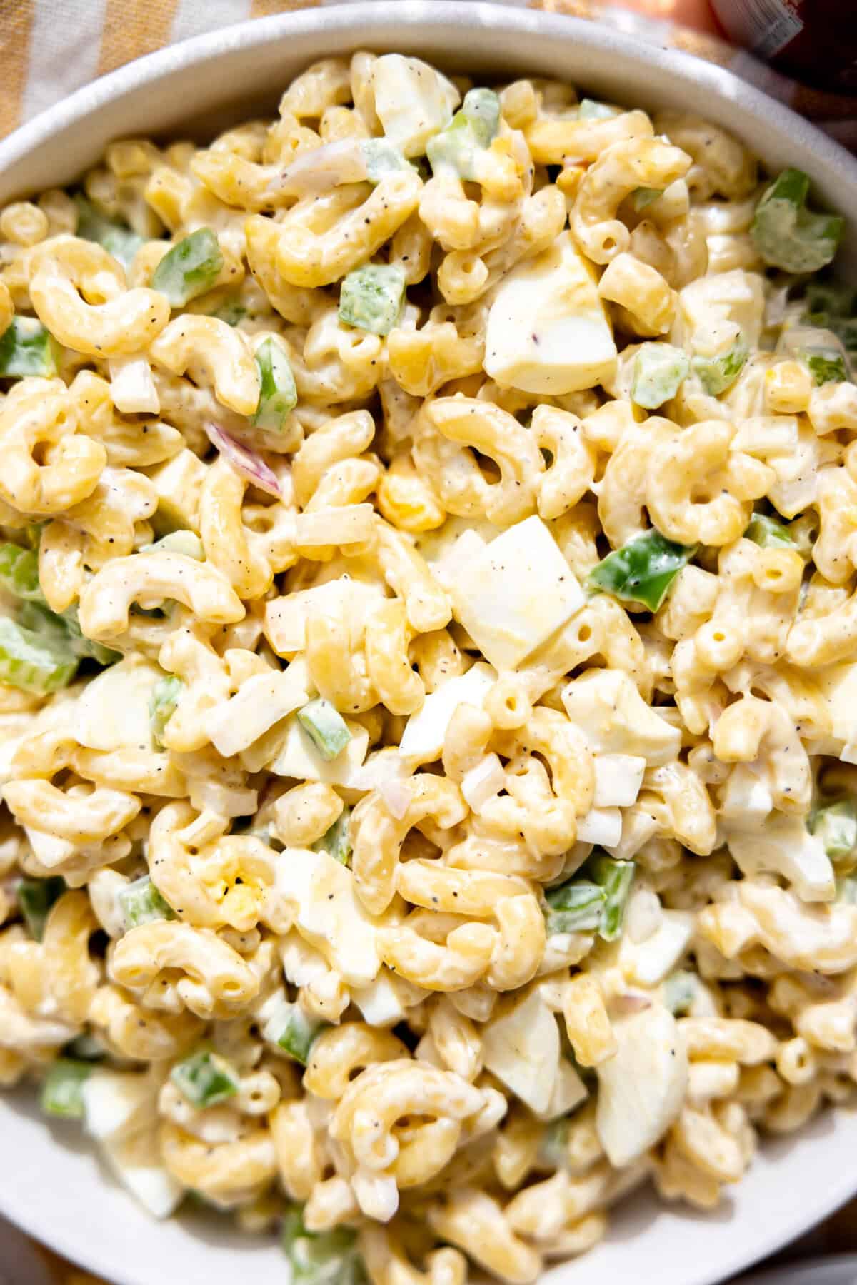 Up close of macaroni salad with creamy dressing, bits of celery, and hard boiled egg.