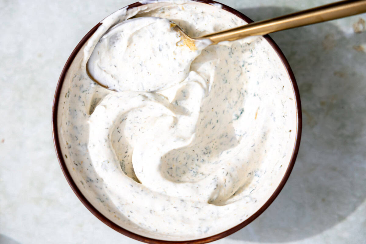 Homemade creamy ranch dressing for pasta salad. 