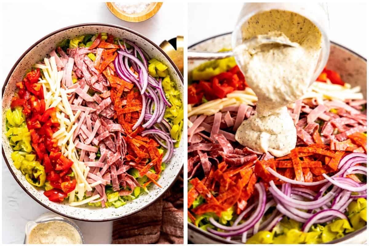 Bowl of lettuce topped with meats and cheese for a grinder salad, then dressing being added. 