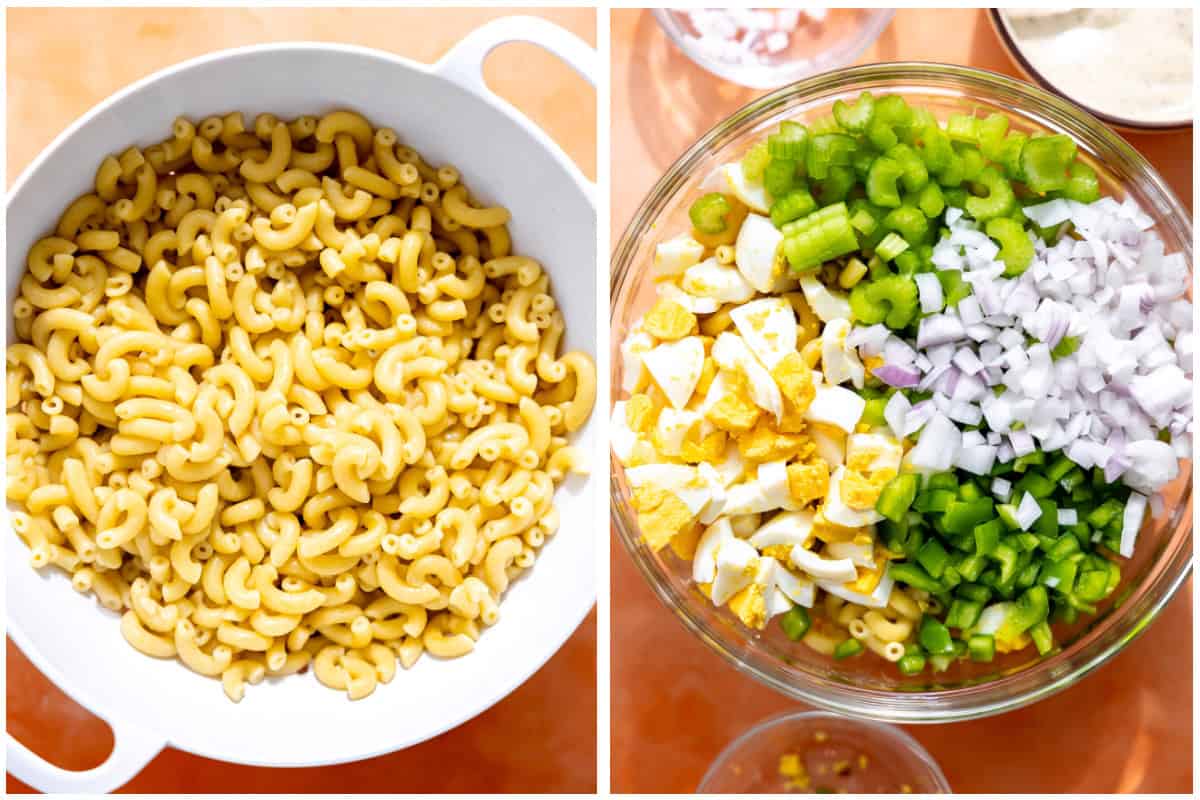 Cooked macaroni in a pot then added to a glass bowl with additional fillings for macaroni salad. 
