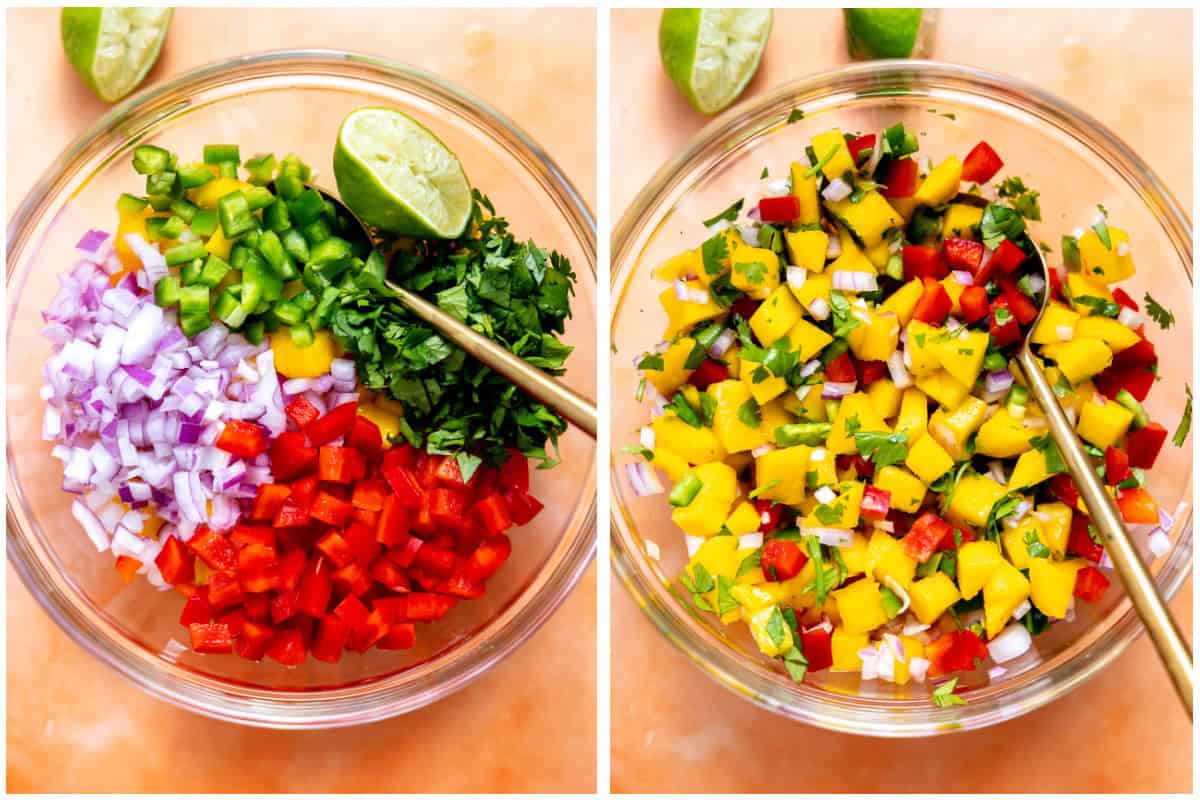 Glass bowl filled with ingredients for mango salsa before and after mixing. 
