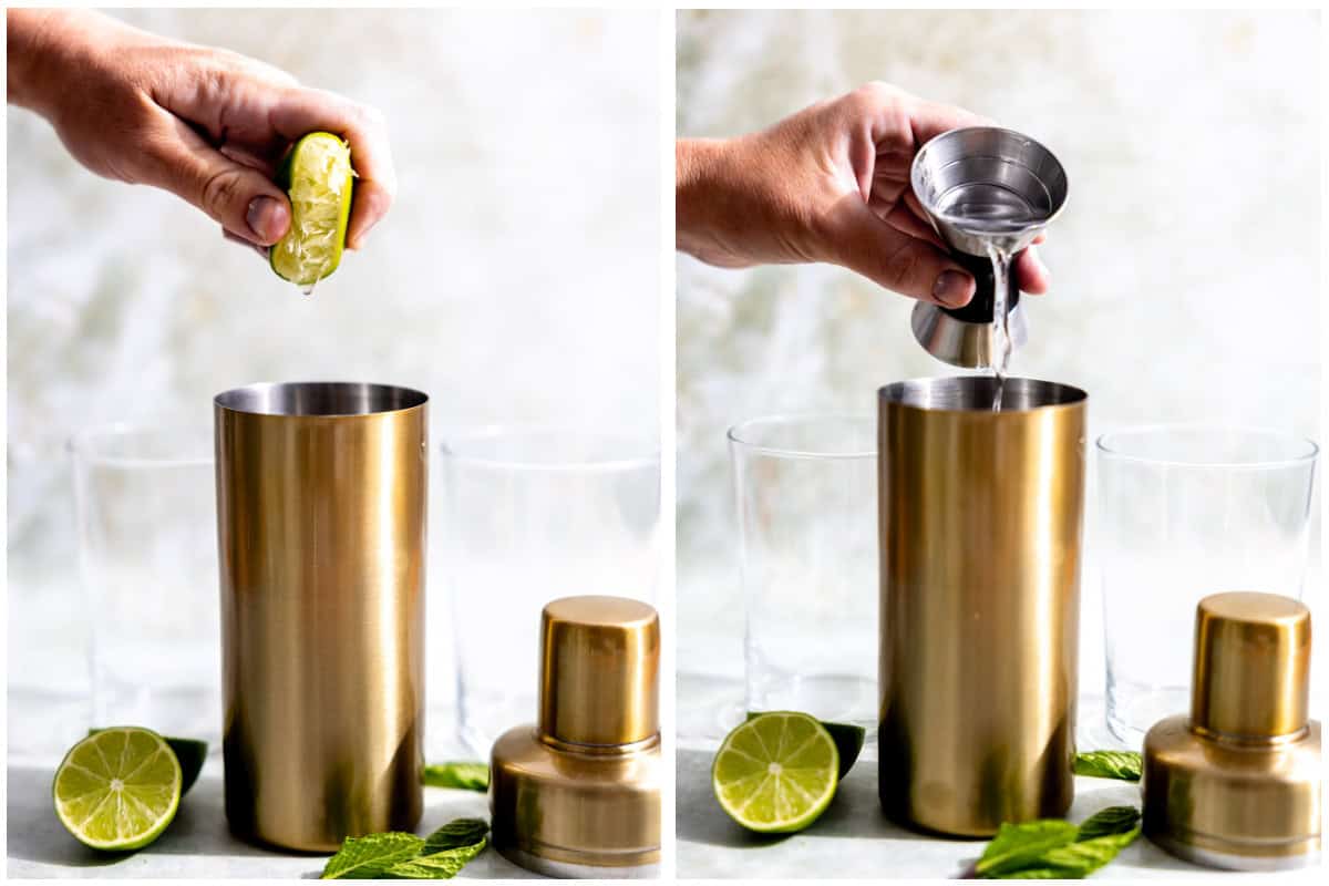 Pouring fresh lime juice and rum into a cocktail shaker. 