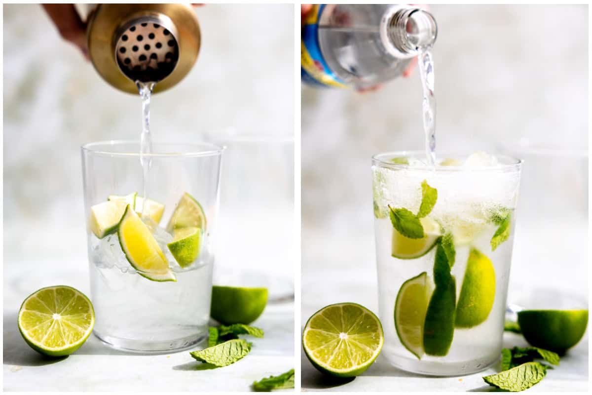 Pouring mojito into a glass that has lime wedges and fresh mint added. 