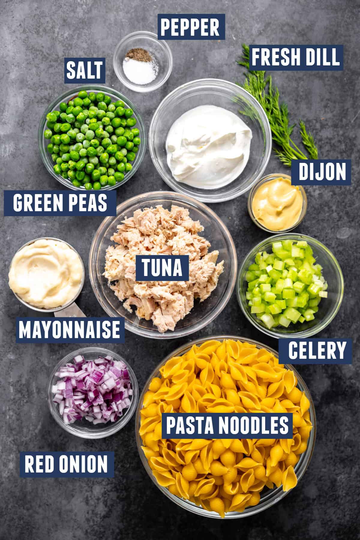 Ingredients needed to make tuna pasta salad.