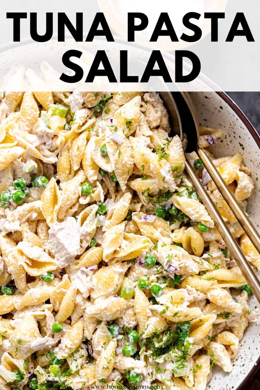 Tuna pasta salad with text.