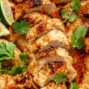 Plate with sliced Chile lime chicken.