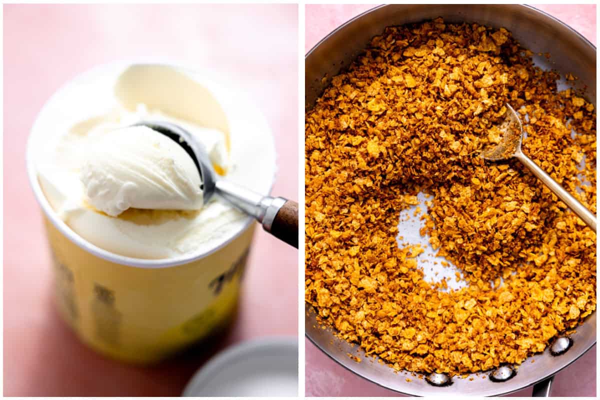 Scooping vanilla ice cream and toasting corn flakes for making fried ice cream.