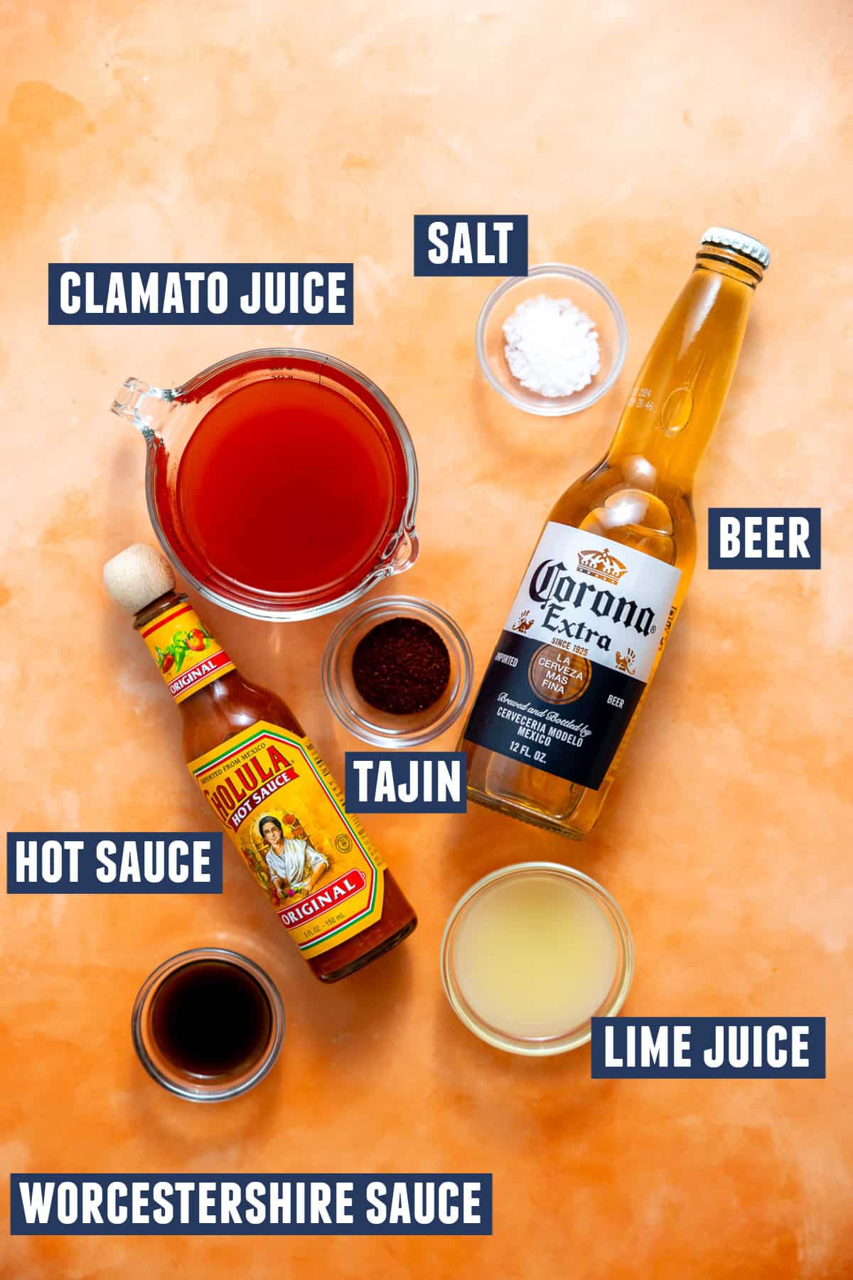 Ingredients needed to make a Michelada. 