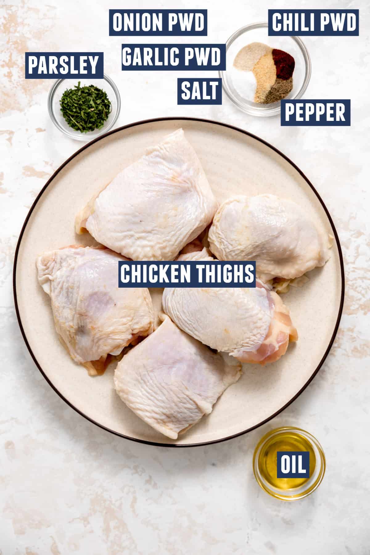 Ingredients needed to make baked chicken thighs. 