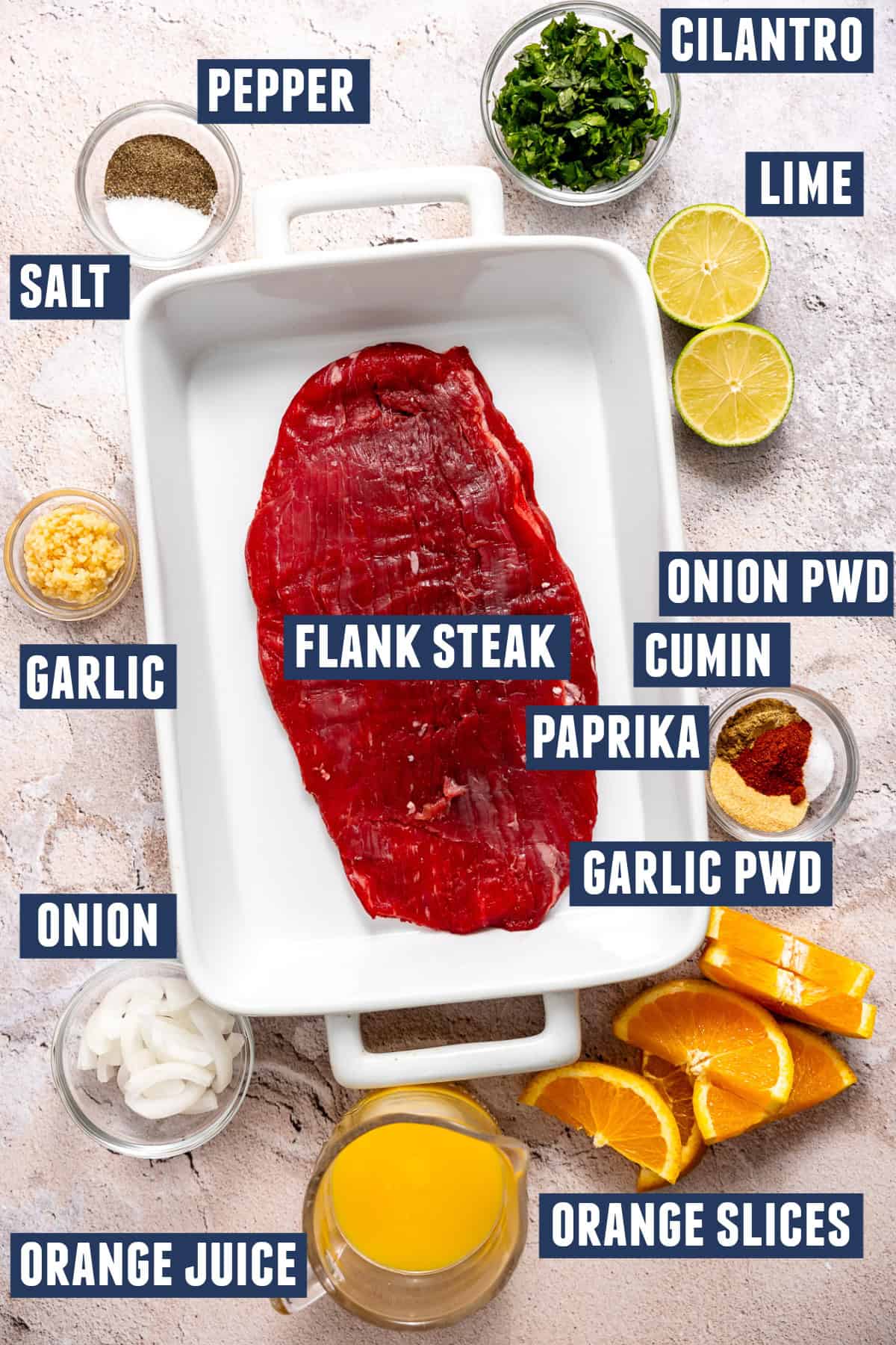 Ingredients needed to make carne asada.