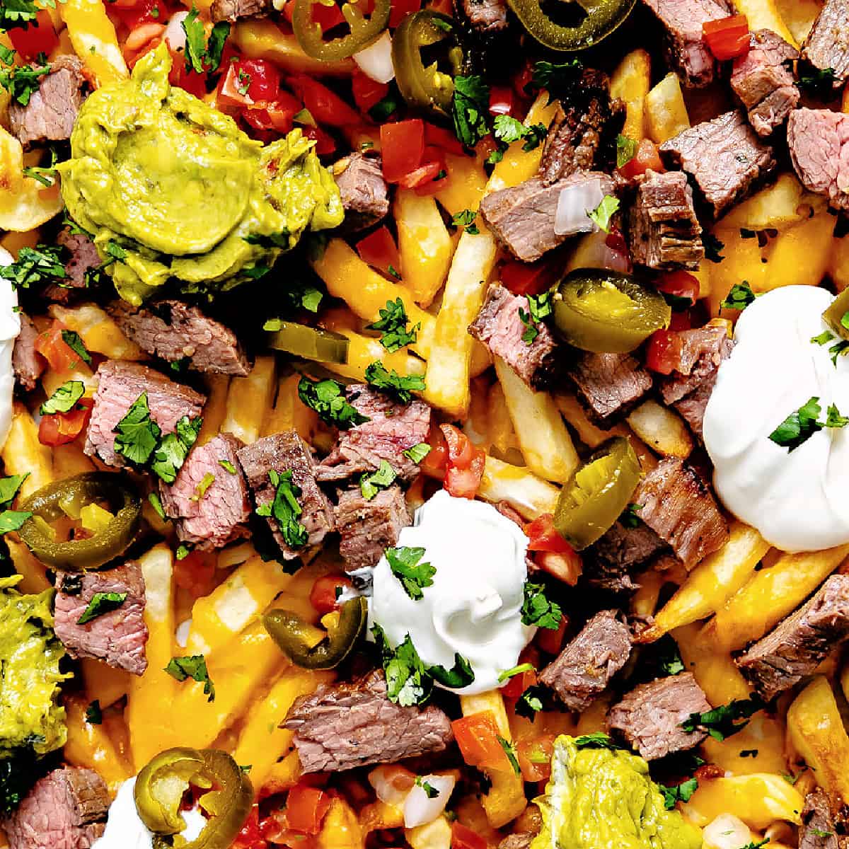 Up close of carne asada fries topped with guacamole and sour cream. 