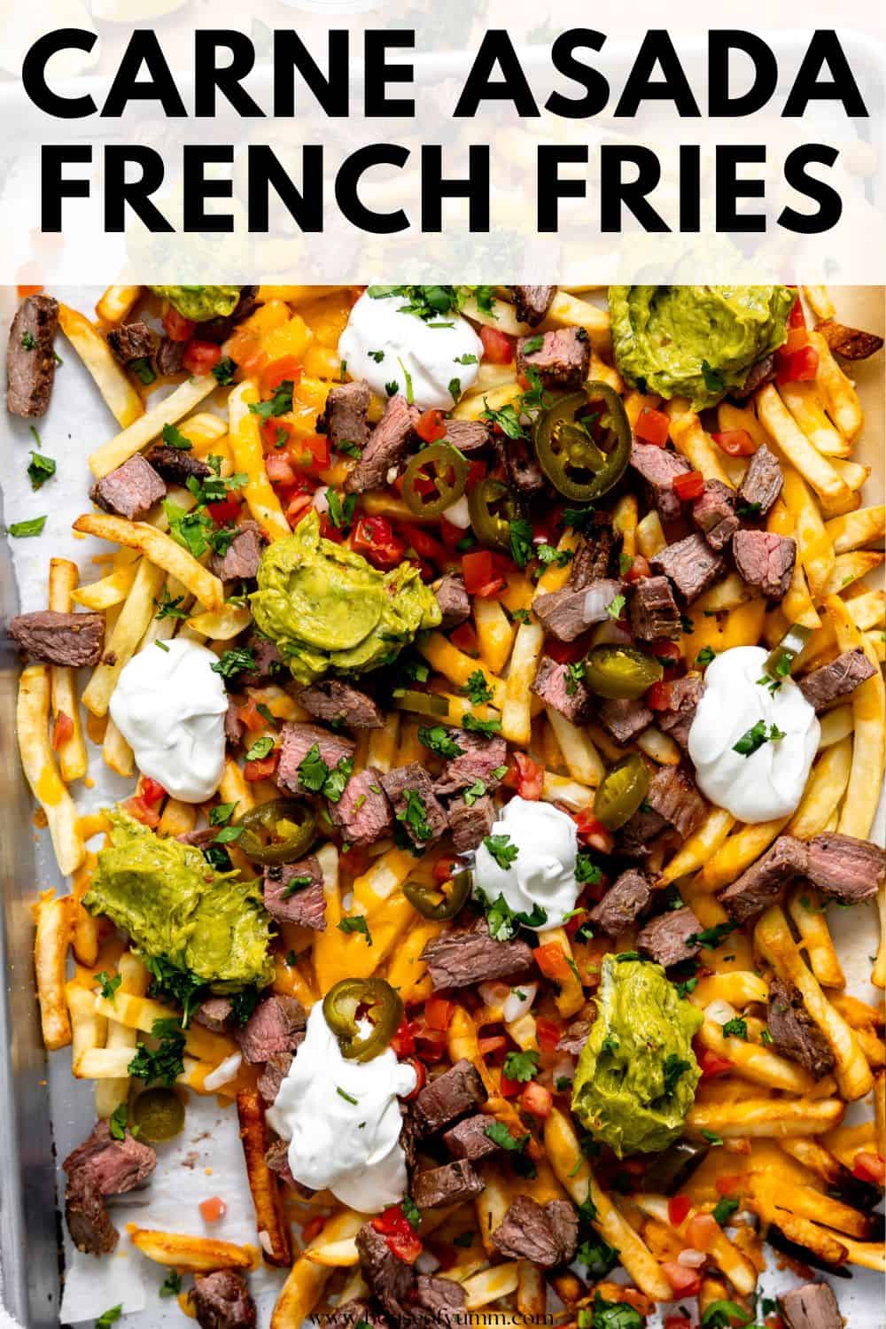 Carne Asada fries with text.