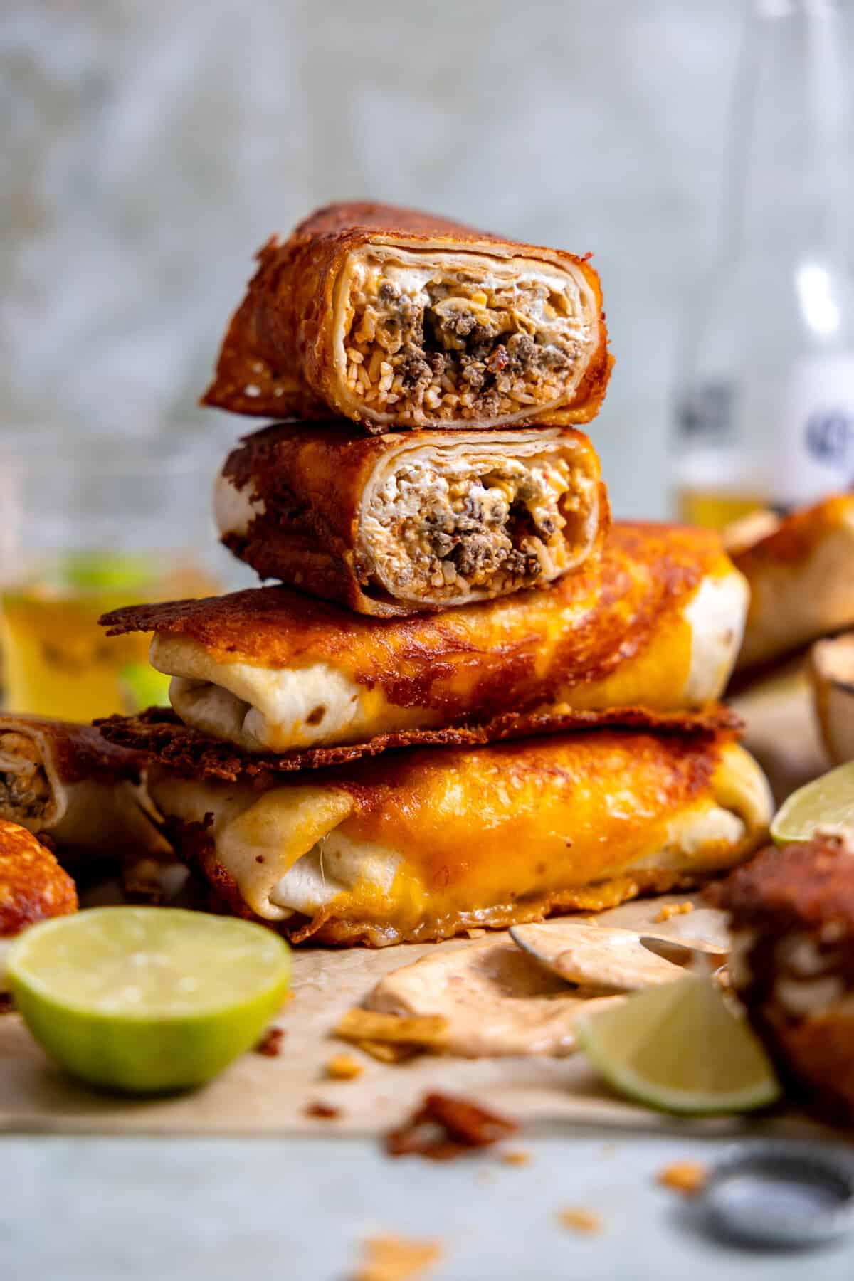 Stacked grilled cheese burritos. 