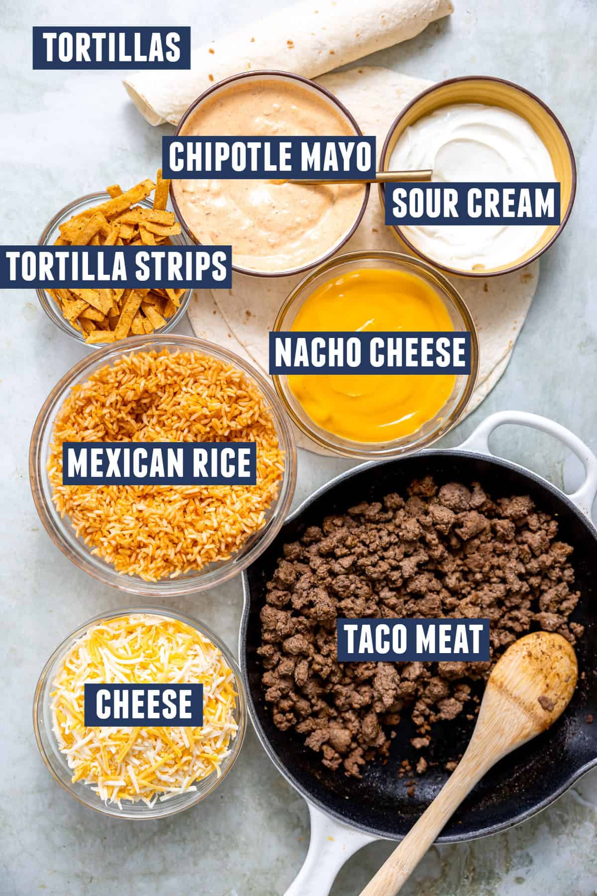 Ingredients needed to make grilled cheese burritos. 