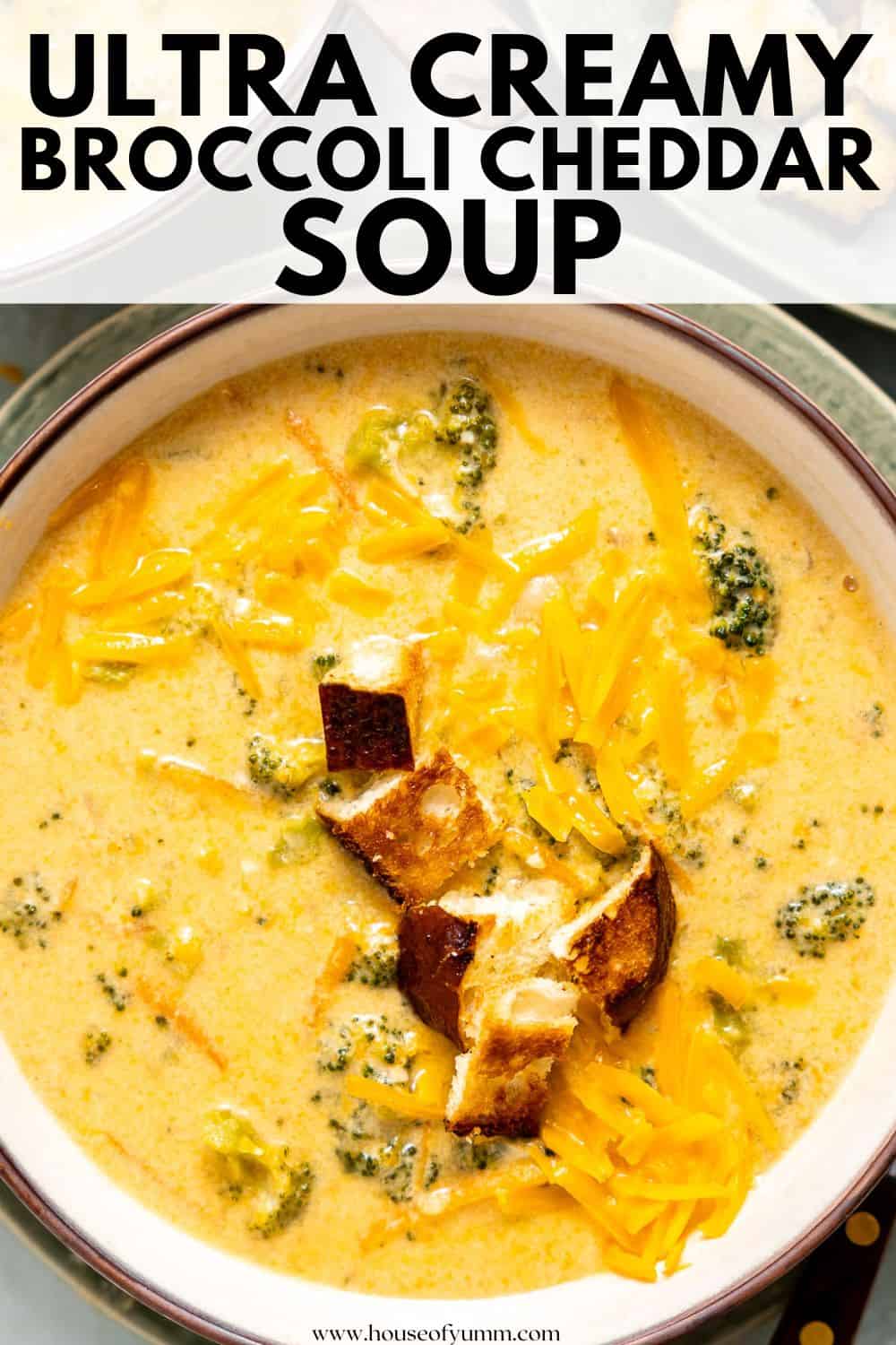 Bowl of broccoli cheddar soup with text.