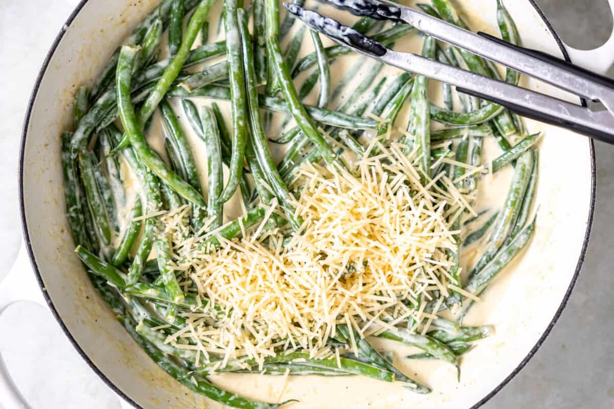 Green beans with cream and parmesan added to make creamed green beans. 