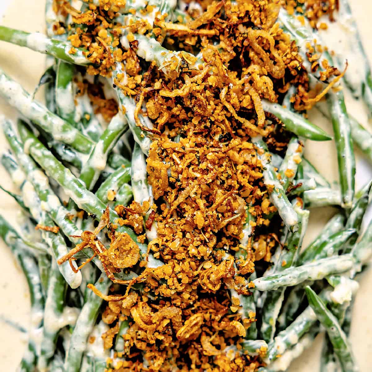 Creamed green beans topped with crispy shallots. 