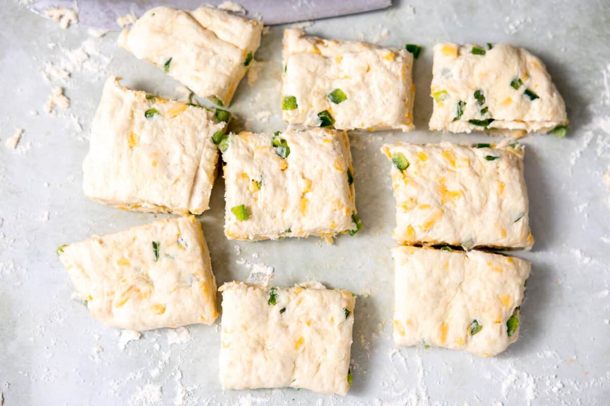 Cut biscuit dough into squares, which eliminates waste and takes less time. 