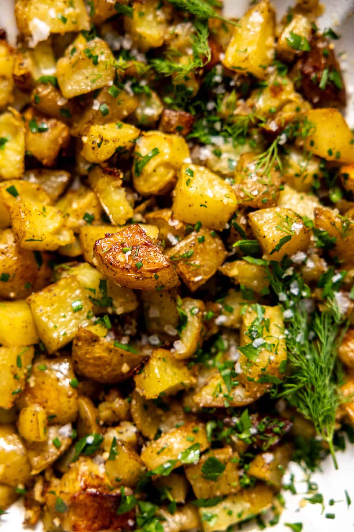 Herb roasted potato salad topped with fresh herbs. 