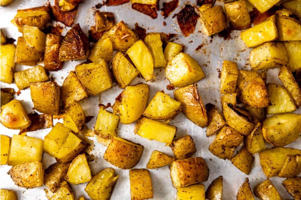 Roasted potato on a sheet pan. 