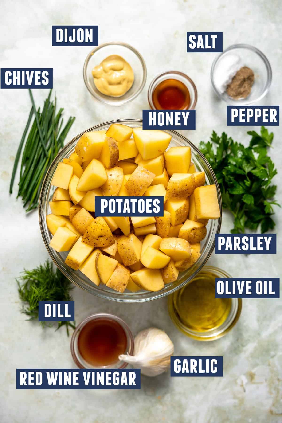 Ingredients needed to make herb roasted potato salad.