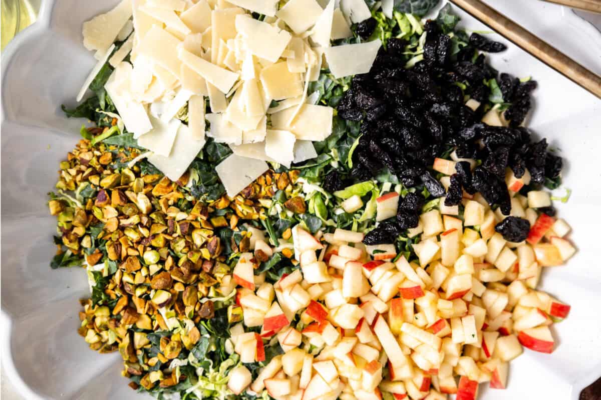 Kale, brussels sprouts layered with parmesan, apple and dried cherries for a salad. 