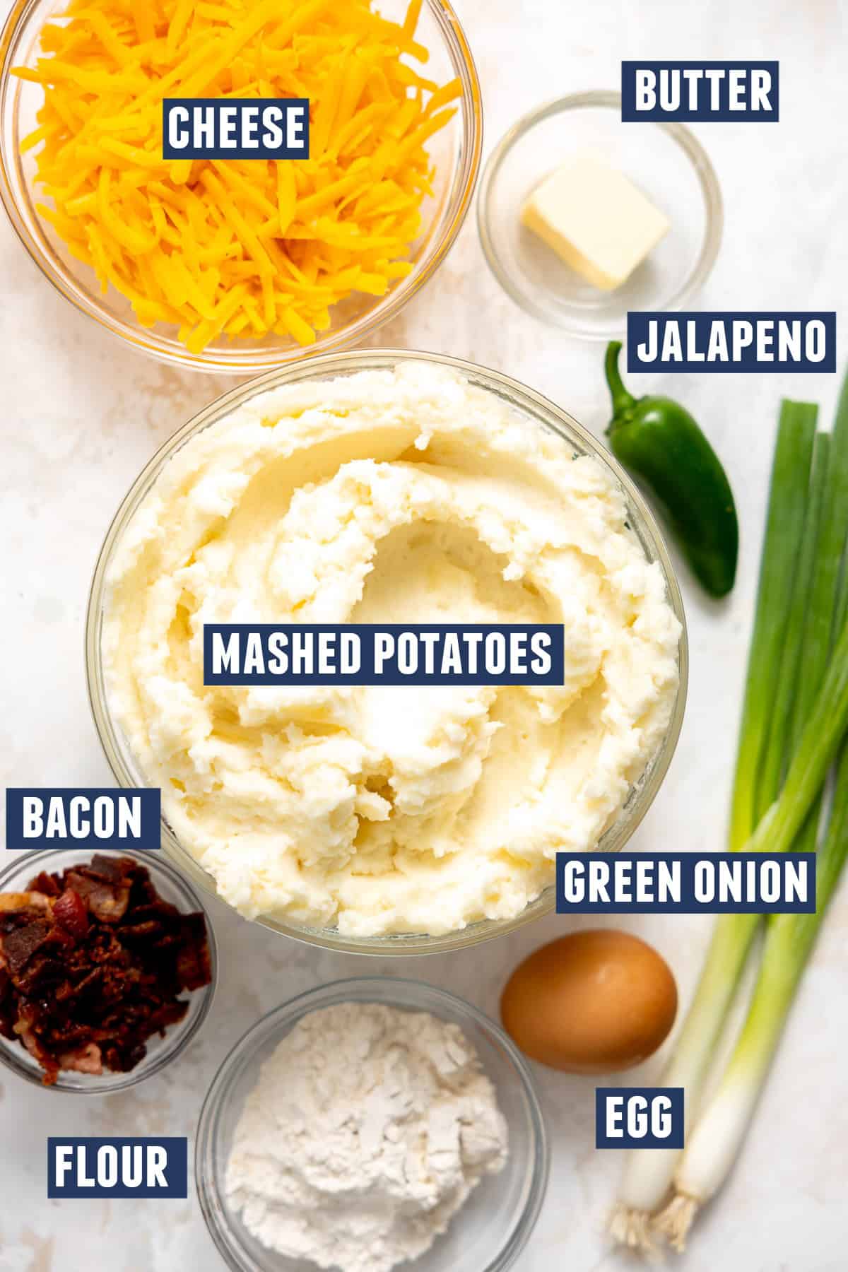 Ingredients needed to make leftover mashed potato cakes. 