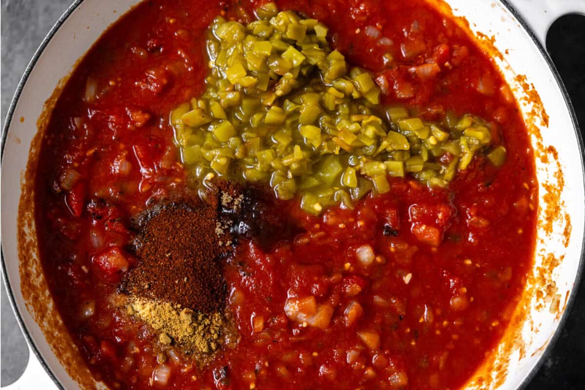 Preparing chili in a skillet 