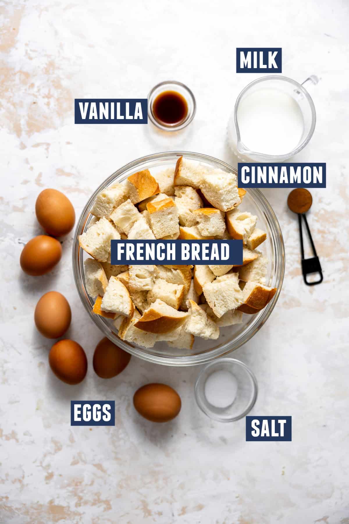 Ingredients needed to make French toast casserole.