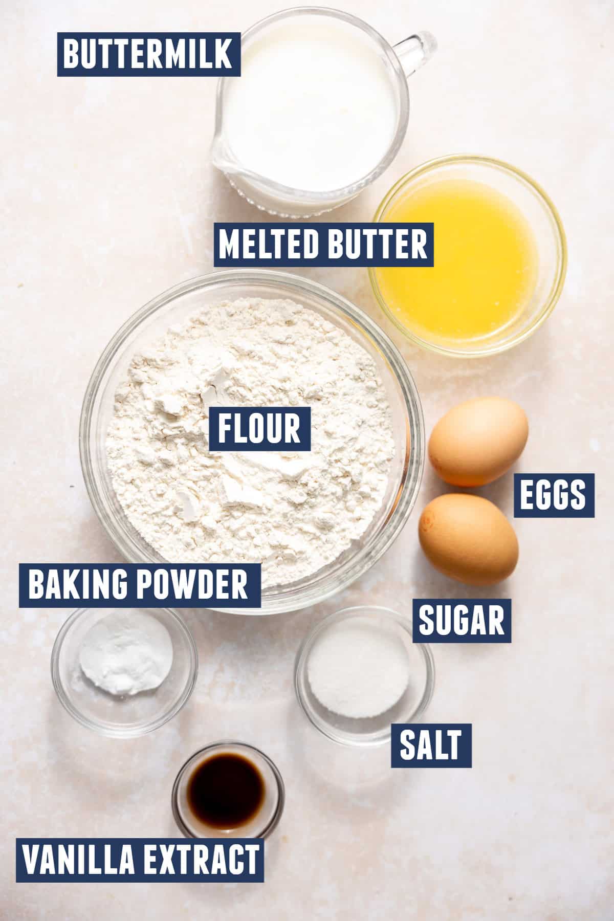 Ingredients needed to make buttermilk waffles.