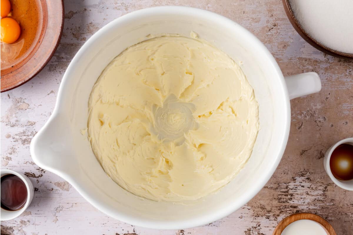 Creamed butter and sugar in a mixing bowl. 