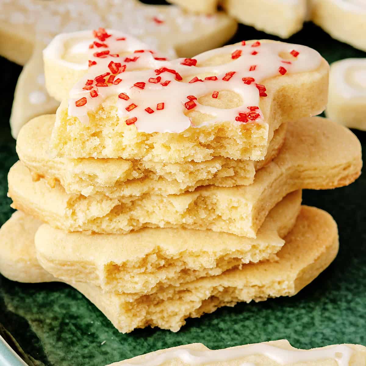 Stack of sugar cookies showing the texture of them. 