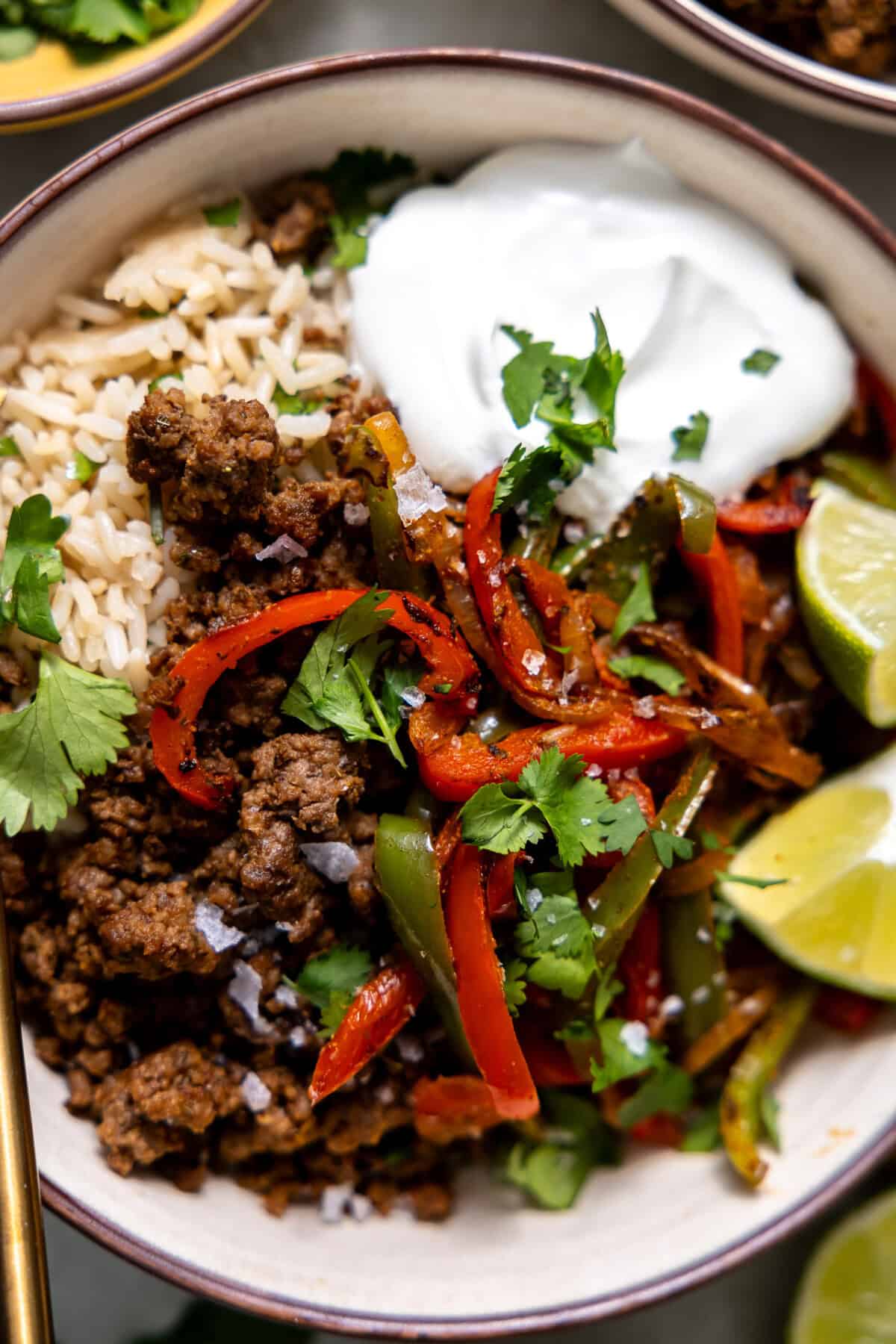 Up close of ground beef fajitas in a bowl with rice, veggies, and topped with sour cream. 